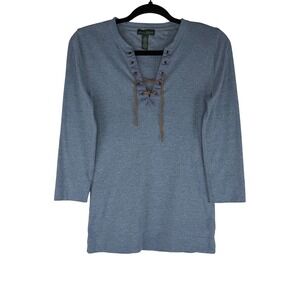 Lauren Jeans Co Ralph Lauren Womens Small Blue Lace Up 3/4 Sleeve Henley Top